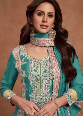 Turquoise embroidery & sequins work simar silk straight palazzo suit - free size stitching (size upto 42") 2
