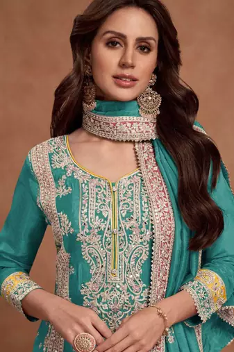 Turquoise embroidery & sequins work simar silk straight palazzo suit - free size stitching (size upto 42")