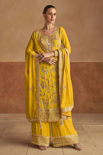 Yellow embroidery, thread & sequins work chinon straight palazzo suit - free size stitching (size upto 42")