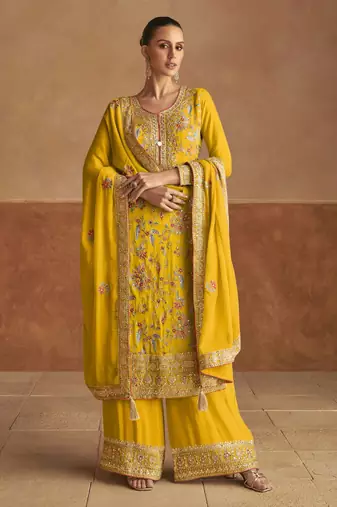 Yellow embroidery, thread & sequins work chinon straight palazzo suit - free size stitching (size upto 42")