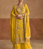 Yellow embroidery, thread & sequins work chinon straight palazzo suit - free size stitching (size upto 42")
