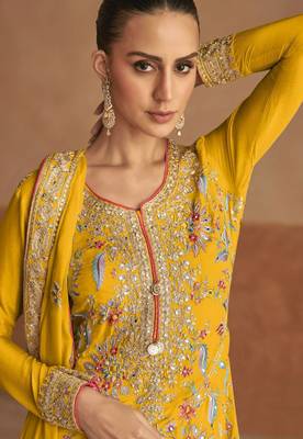 Yellow embroidery, thread & sequins work chinon straight palazzo suit - free size stitching (size upto 42") 2