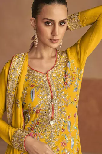 Yellow embroidery, thread & sequins work chinon straight palazzo suit - free size stitching (size upto 42")