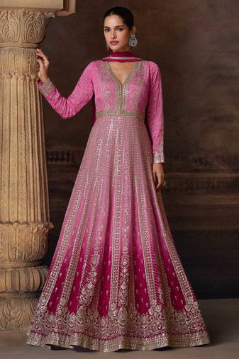 Pink embroidery zari, sequins &  gota work chinon silk gown suit - free size stitching (size upto 42")