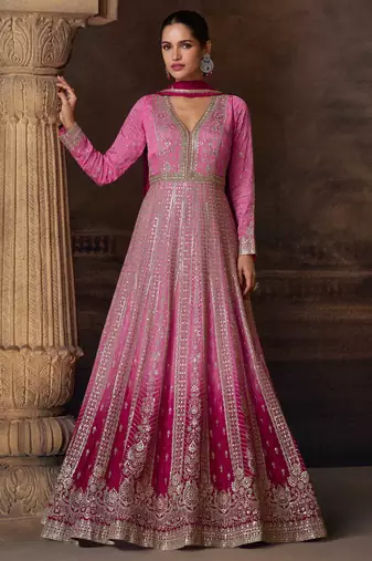 Pink embroidery zari, sequins &  gota work chinon silk gown suit - free size stitching (size upto 42")