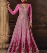 Pink embroidery zari, sequins &  gota work chinon silk gown suit - free size stitching (size upto 42")