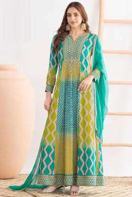 Blue & lime green dabka dori & resham digital print work chinnon anarkali suit - free size(size upto 42") 1