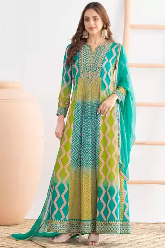 Blue & lime green dabka dori & resham digital print work chinnon anarkali suit - free size stitching (size upto 42")