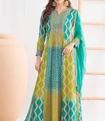Blue & lime green dabka dori & resham digital print work chinnon anarkali suit - free size(size upto 42")