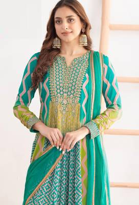 Blue & lime green dabka dori & resham digital print work chinnon anarkali suit - free size(size upto 42") 2
