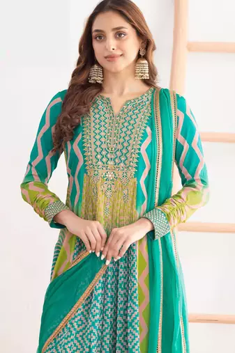 Blue & lime green dabka dori & resham digital print work chinnon anarkali suit - free size(size upto 42")