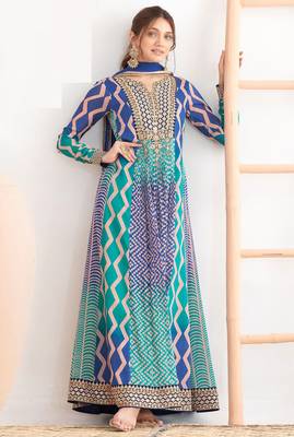 Sky blue & navy blue dabka dori & resham digital print work chinnon anarkali suit - free size(size upto 42") 1