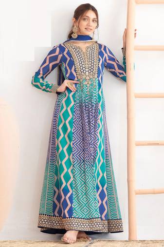 Sky blue & navy blue dabka dori & resham digital print work chinnon anarkali suit - free size stitching (size upto 42")