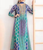 Sky blue & navy blue dabka dori & resham digital print work chinnon anarkali suit - free size(size upto 42")