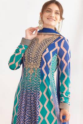 Sky blue & navy blue dabka dori & resham digital print work chinnon anarkali suit - free size(size upto 42") 2