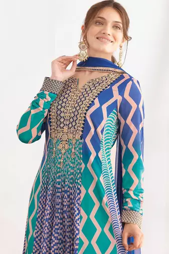 Sky blue & navy blue dabka dori & resham digital print work chinnon anarkali suit - free size(size upto 42")