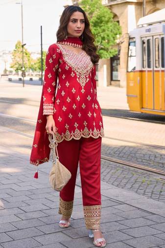 Red embroidery emblissied mirror work simar silk straight pant suit - free size stitching (size upto 42")
