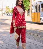 Red embroidery emblissied mirror work simar silk straight pant suit - free size(size upto 42")
