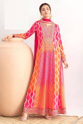 Orange & rani pink green dabka dori & reshamwork chinnon anarkali suit - free size(size upto 42") 1