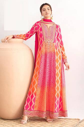Orange & rani pink green dabka dori & reshamwork chinnon anarkali suit - free size stitching (size upto 42")