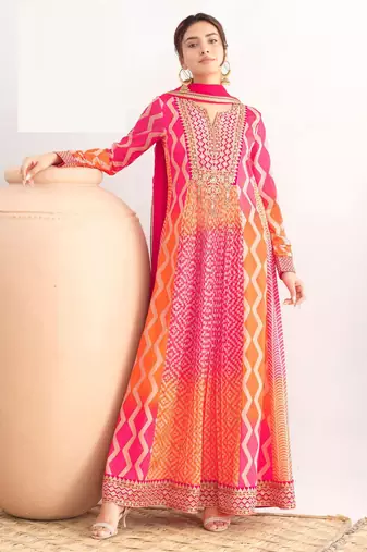 Orange & rani pink green dabka dori & reshamwork chinnon anarkali suit - free size stitching (size upto 42")