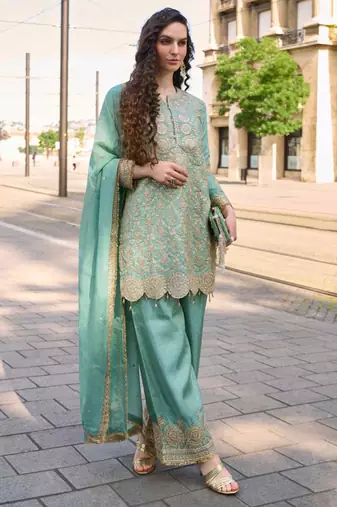 Sea green embroidery emblissied mirror work simar silk straight palazzo suit - free size stitching (size upto 42")