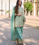 Sea green embroidery emblissied mirror work simar silk straight palazzo suit - free size stitching (size upto 42")