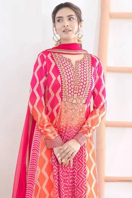 Orange & rani pink green dabka dori & reshamwork chinnon anarkali suit - free size(size upto 42") 2