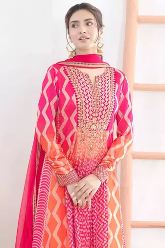 Orange & rani pink green dabka dori & reshamwork chinnon anarkali suit - free size(size upto 42")