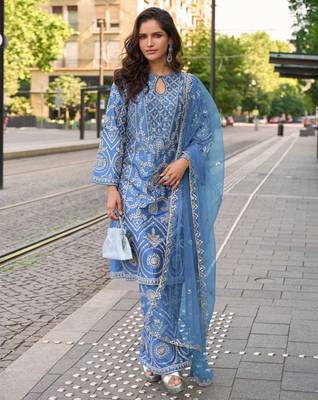 Blue embroidery emblissied mirror work simar silk straight pant suit - free size stitching (size upto 42") 1