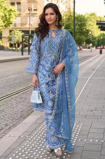 Blue embroidery emblissied mirror work simar silk straight pant suit - free size stitching (size upto 42")