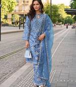 Blue embroidery emblissied mirror work simar silk straight pant suit - free size stitching (size upto 42")