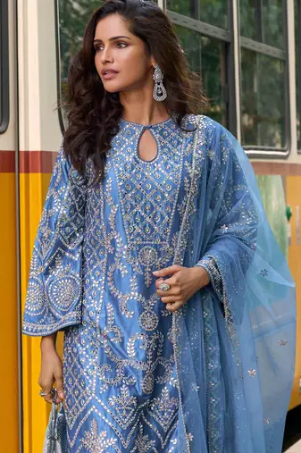 Blue embroidery emblissied mirror work simar silk straight pant suit - free size stitching (size upto 42")