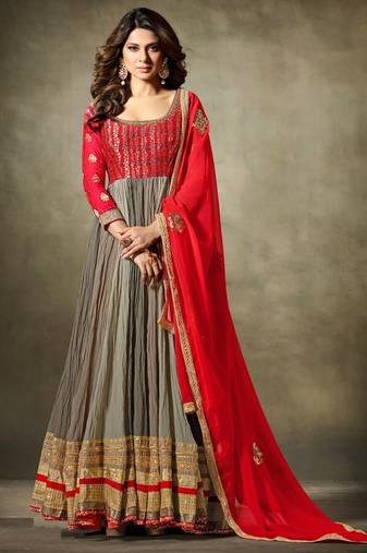 Multicolor embroidery,zari & diamond work georgette anarkali chudidar suit - semi-stitched