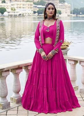 pink Rayon Chaniya Choli with Mirror Gamthi Work & Lace work 1