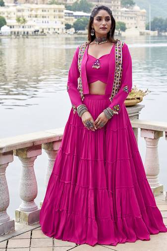 pink Rayon Chaniya Choli with Mirror Gamthi Work & Lace work