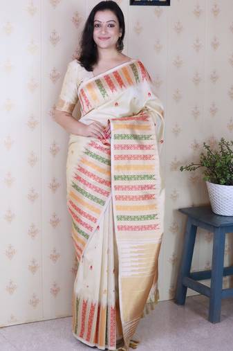 Soft silk meenakari zari woven saree with temple border.