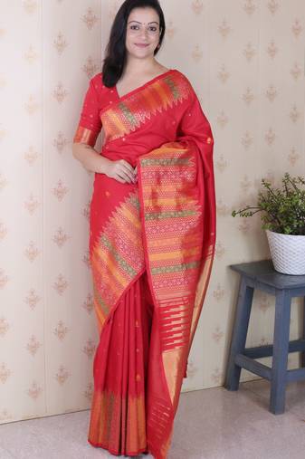 Soft silk meenakari zari woven saree with temple border.