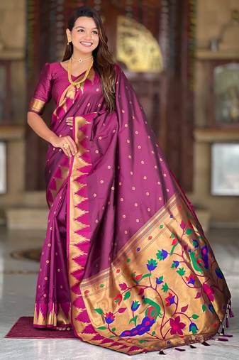 Soft pethani silk saree with zari weawing  motifs design and meenakari  weawing rich pallu.