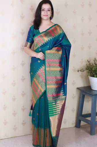 Soft silk meenakari zari woven saree with temple border.