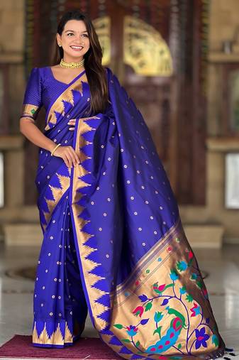 Soft pethani silk saree with zari weawing  motifs design and meenakari  weawing rich pallu.