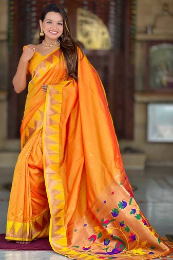 Soft pethani silk saree with zari weawing  motifs design and meenakari  weawing rich pallu.