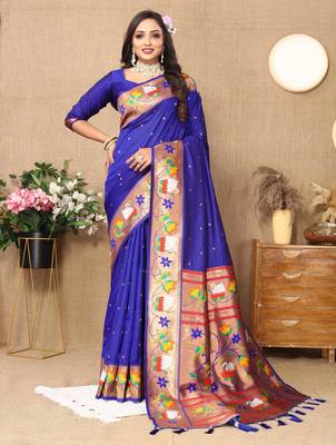 Soft pethani silk saree with zari weawing  motifs design and meenakari  weawing rich pallu. 1