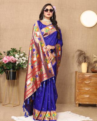 Soft pethani silk saree with zari weawing  motifs design and meenakari  weawing rich pallu. 2