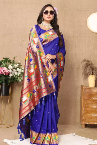 Soft pethani silk saree with zari weawing  motifs design and meenakari  weawing rich pallu.