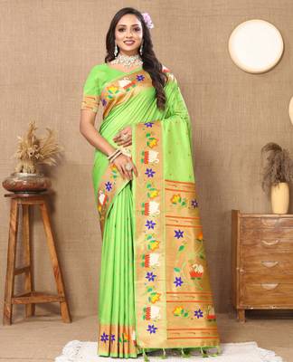 Soft pethani silk saree with zari weawing  motifs design and meenakari  weawing rich pallu. 1