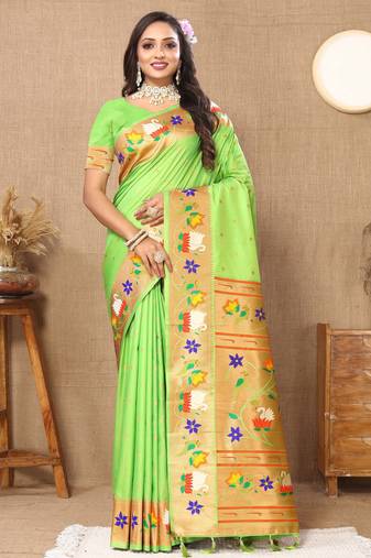 Soft pethani silk saree with zari weawing  motifs design and meenakari  weawing rich pallu.