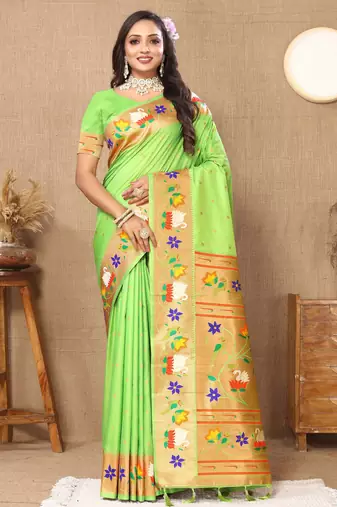 Soft pethani silk saree with zari weawing  motifs design and meenakari  weawing rich pallu.