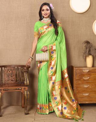 Soft pethani silk saree with zari weawing  motifs design and meenakari  weawing rich pallu. 2