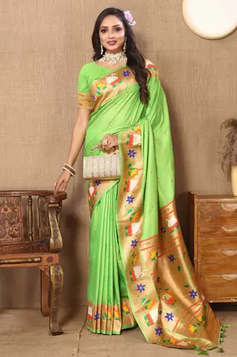 Soft pethani silk saree with zari weawing  motifs design and meenakari  weawing rich pallu.